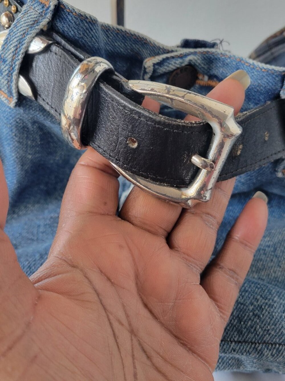 Handmade Upscaled Denim Blue Jean Crossbody Handbag w/ Black Studded Belt - Picture 13 of 16